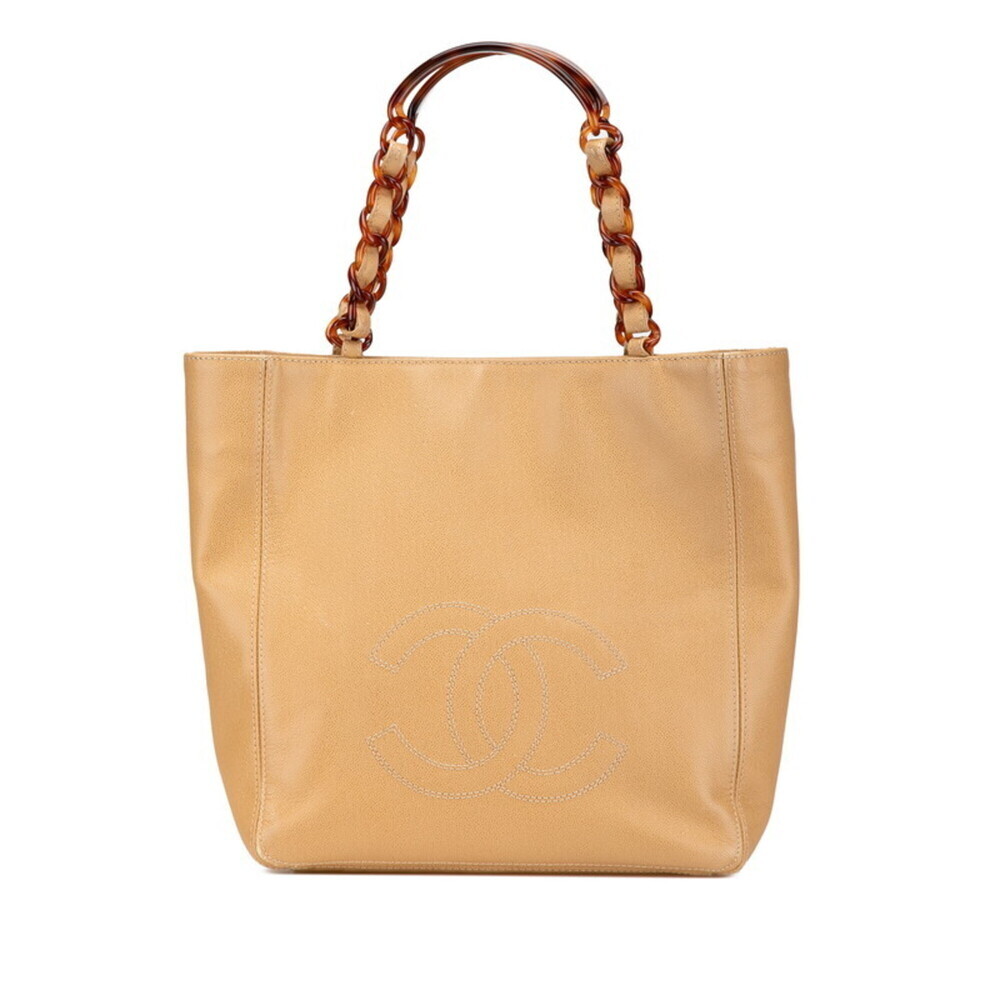 CHANEL Cream Caviar Leather Logo Shoulder Bag